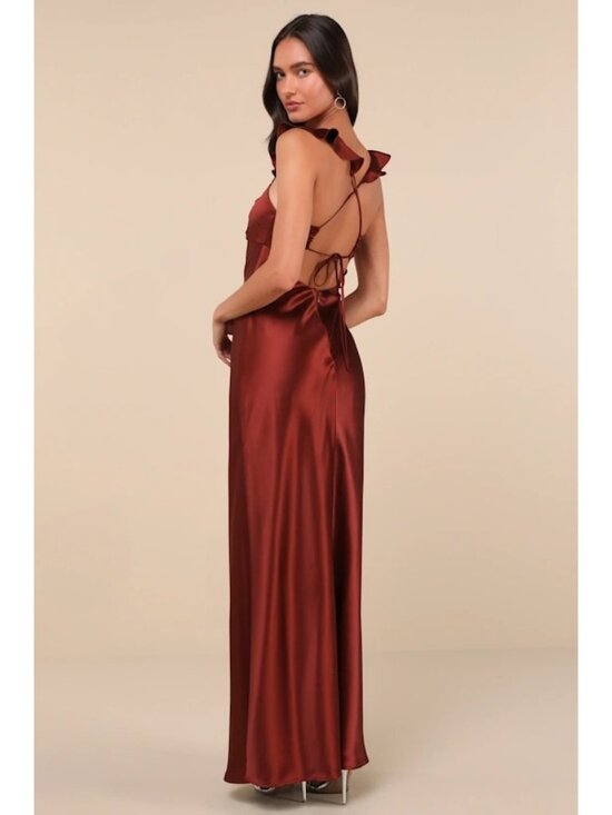 Lulus Dresses & Skirts - Lulus Small Rust Red Exuberant Luxury Satin Ruffled Lace Up Maxi Dress